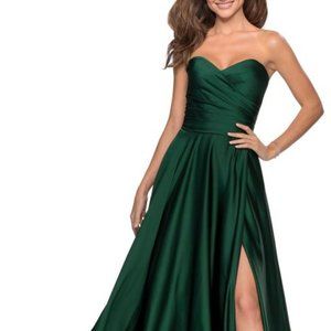 New La Femme Emerald Green Strapless Slit Satin Ballgown